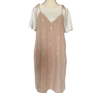 English Factory peach chiffon white Floral Embroidered 2 piece Slip Dress Size L